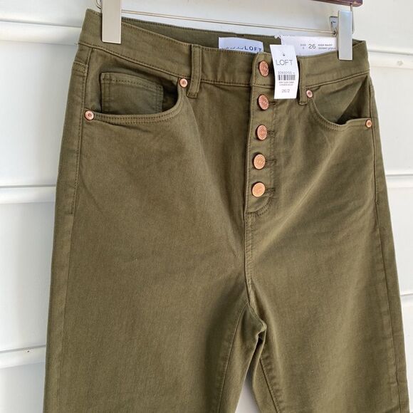 LOFT Ann Taylor High‎ -Rise Button Front Skinny Ankle Jean Olive Size 2 NWT - Picture 4 of 14